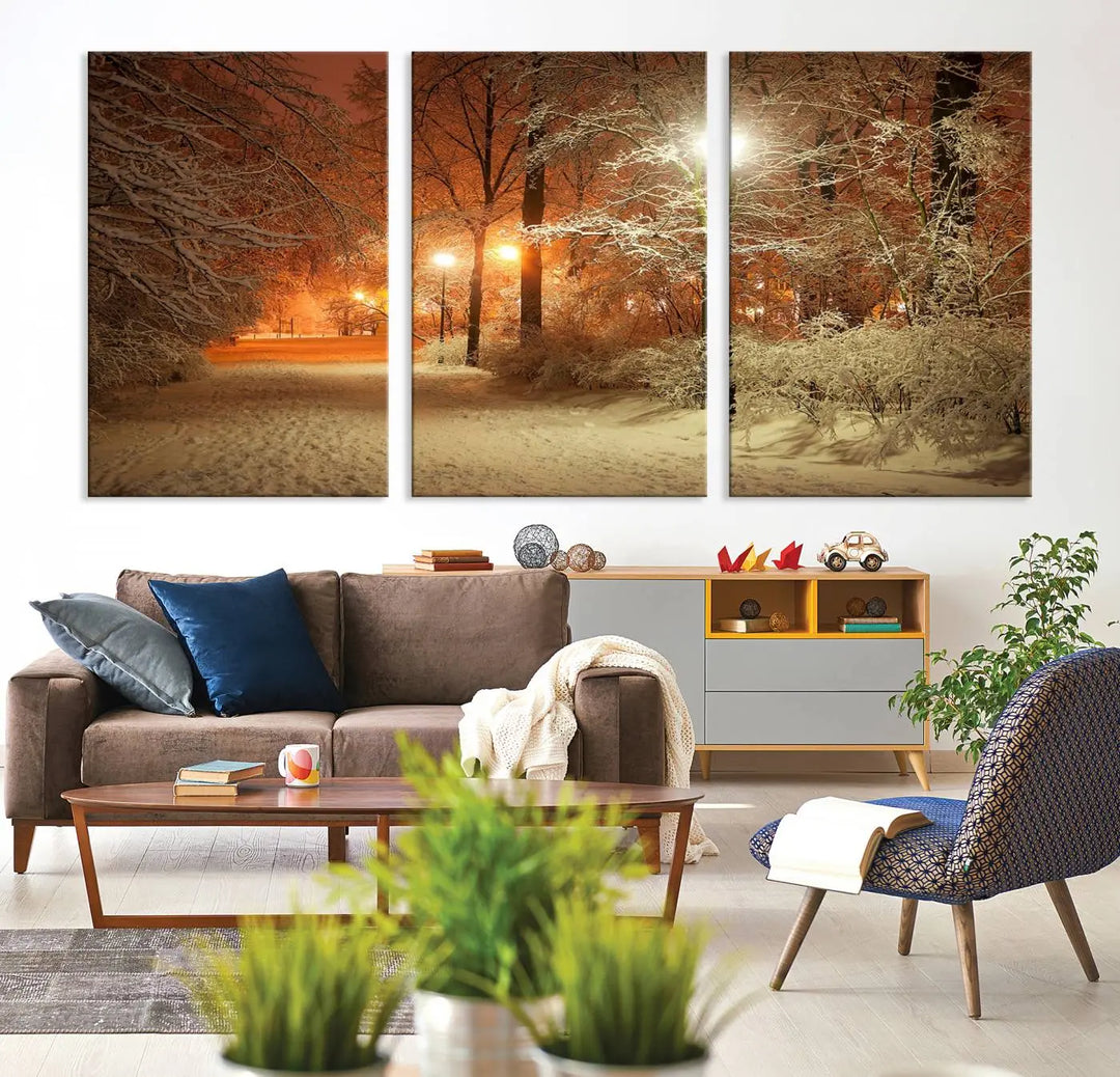 The "Winter and Park" wall art canvas print, showcasing a snowy path illuminated by glowing streetlights, adds museum-quality sophistication to the room.