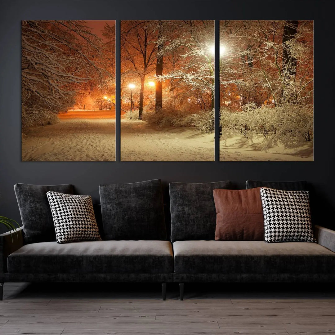 The "Winter and Park" wall art canvas print, showcasing a snowy path illuminated by glowing streetlights, adds museum-quality sophistication to the room.