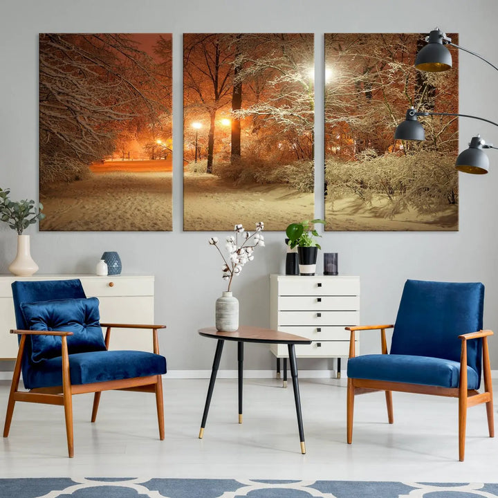 The "Winter and Park" wall art canvas print, showcasing a snowy path illuminated by glowing streetlights, adds museum-quality sophistication to the room.