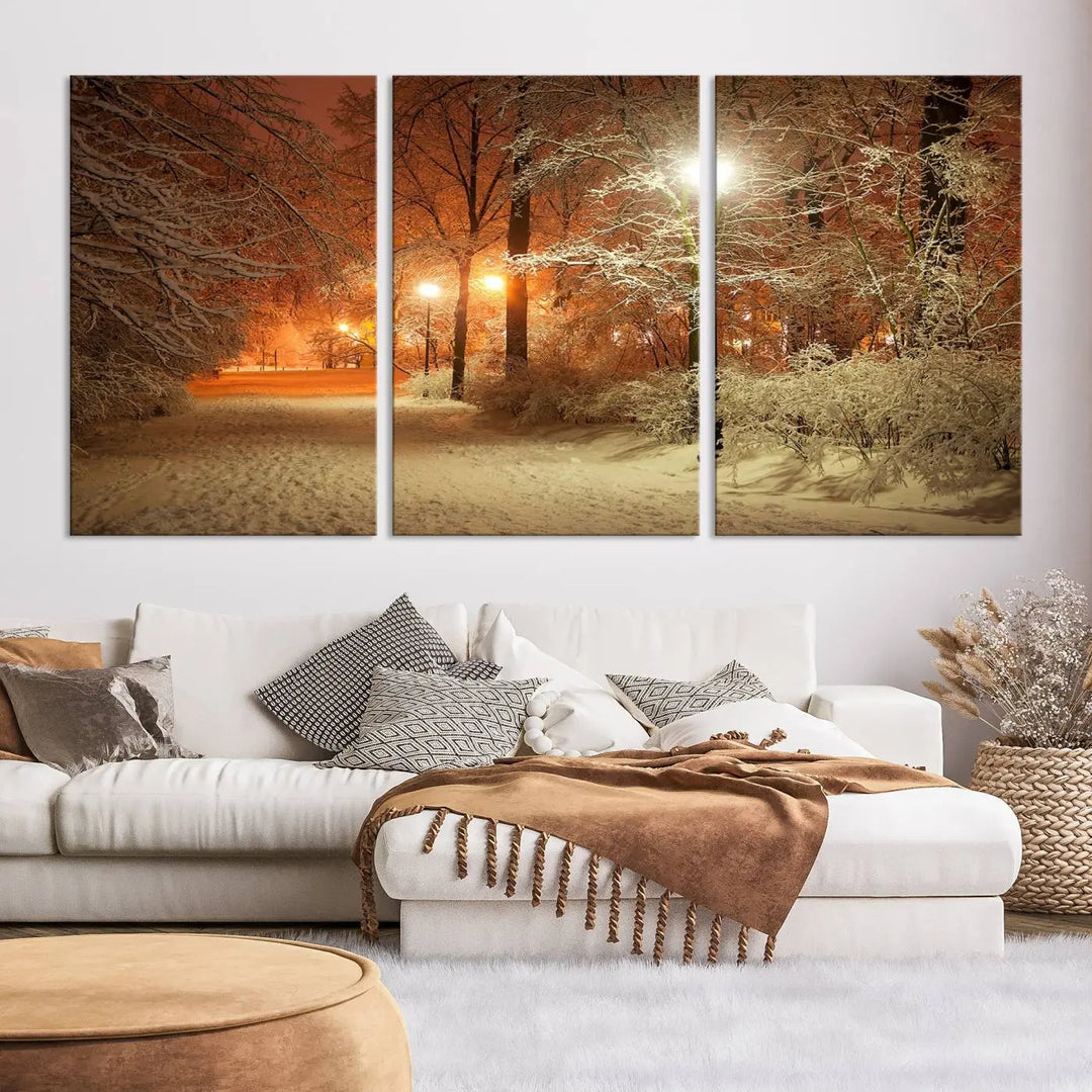 The "Winter and Park" wall art canvas print, showcasing a snowy path illuminated by glowing streetlights, adds museum-quality sophistication to the room.