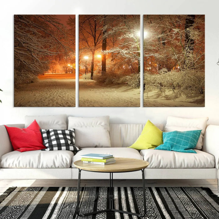 The "Winter and Park" wall art canvas print, showcasing a snowy path illuminated by glowing streetlights, adds museum-quality sophistication to the room.