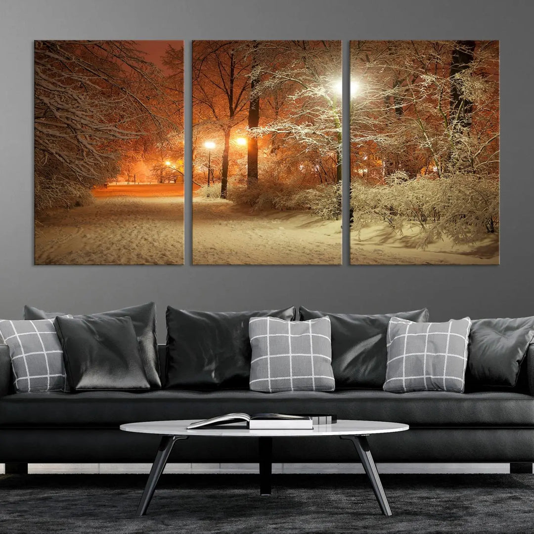 The "Winter and Park" wall art canvas print, showcasing a snowy path illuminated by glowing streetlights, adds museum-quality sophistication to the room.