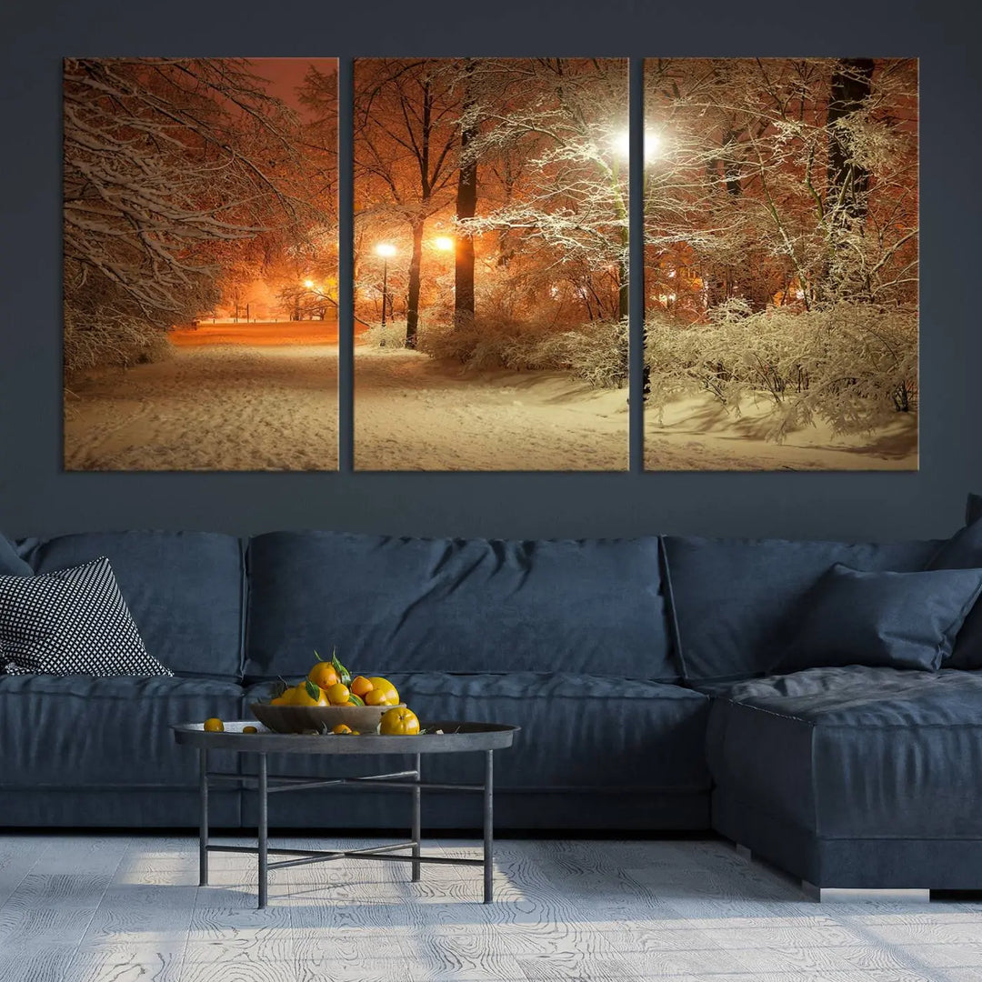 The "Winter and Park" wall art canvas print, showcasing a snowy path illuminated by glowing streetlights, adds museum-quality sophistication to the room.