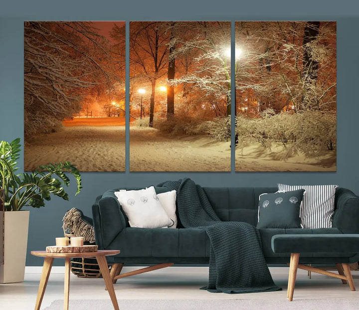 The "Winter and Park" wall art canvas print, showcasing a snowy path illuminated by glowing streetlights, adds museum-quality sophistication to the room.