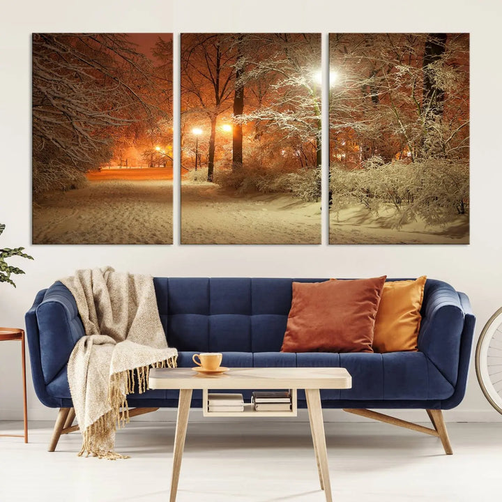 The "Winter and Park" wall art canvas print, showcasing a snowy path illuminated by glowing streetlights, adds museum-quality sophistication to the room.