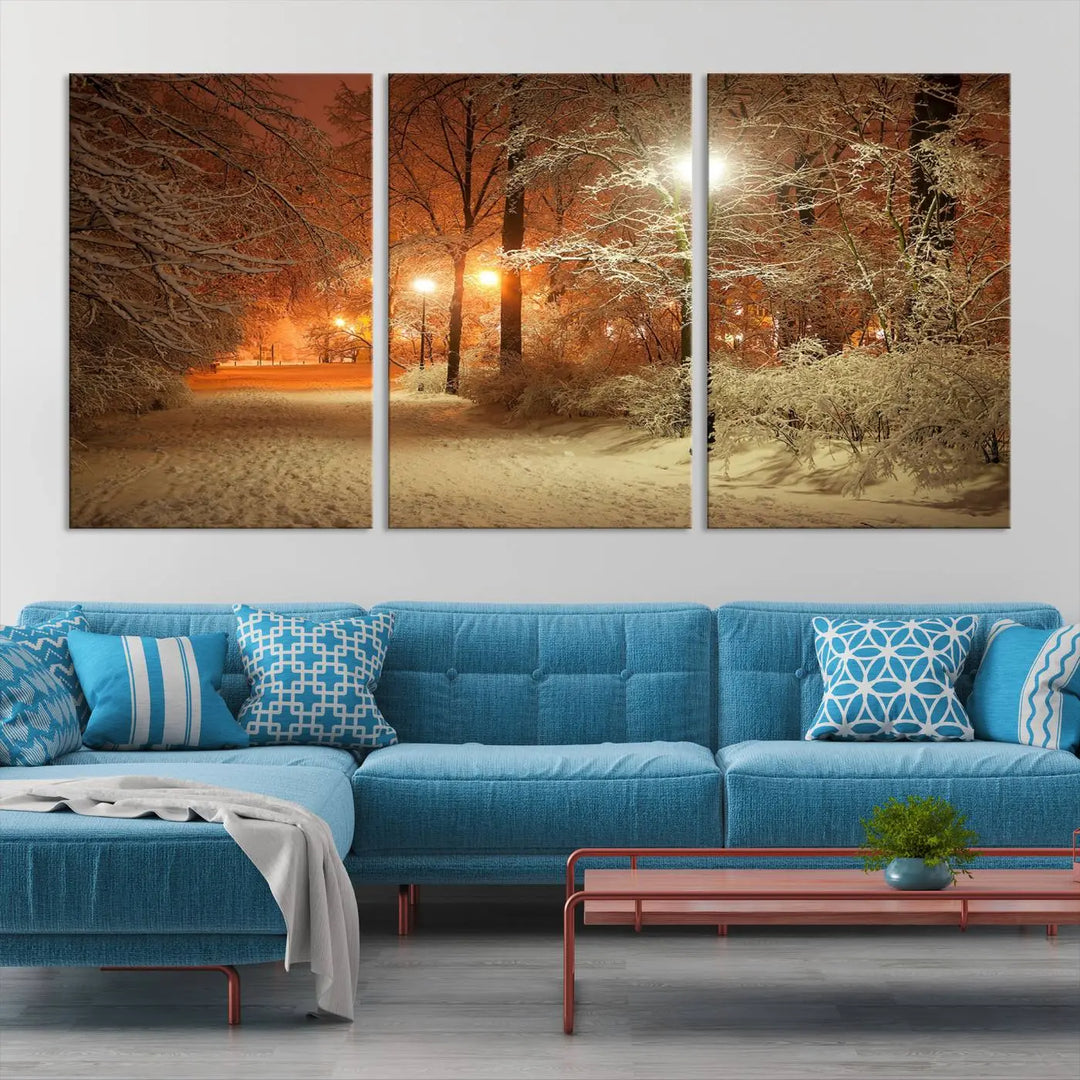 The "Winter and Park" wall art canvas print, showcasing a snowy path illuminated by glowing streetlights, adds museum-quality sophistication to the room.