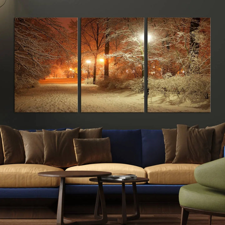 The "Winter and Park" wall art canvas print, showcasing a snowy path illuminated by glowing streetlights, adds museum-quality sophistication to the room.