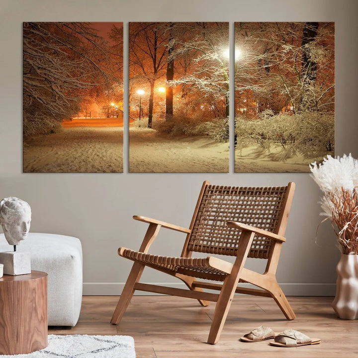 The "Winter and Park" wall art canvas print, showcasing a snowy path illuminated by glowing streetlights, adds museum-quality sophistication to the room.