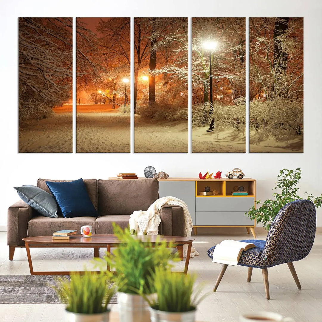 The "Winter and Park" wall art canvas print, showcasing a snowy path illuminated by glowing streetlights, adds museum-quality sophistication to the room.