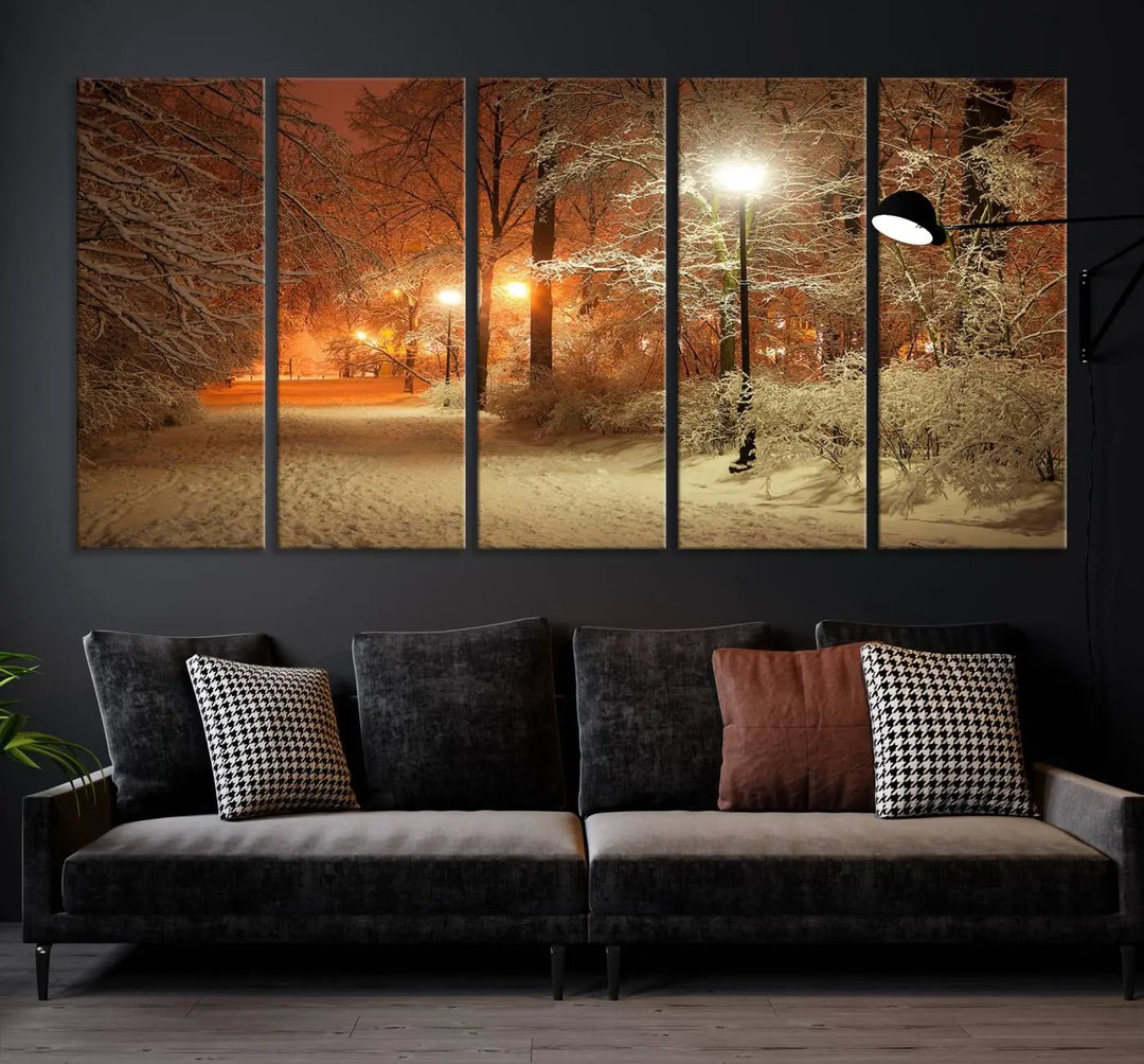 The "Winter and Park" wall art canvas print, showcasing a snowy path illuminated by glowing streetlights, adds museum-quality sophistication to the room.