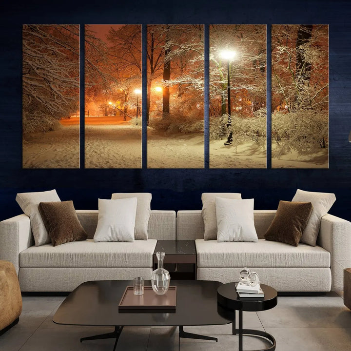 The "Winter and Park" wall art canvas print, showcasing a snowy path illuminated by glowing streetlights, adds museum-quality sophistication to the room.