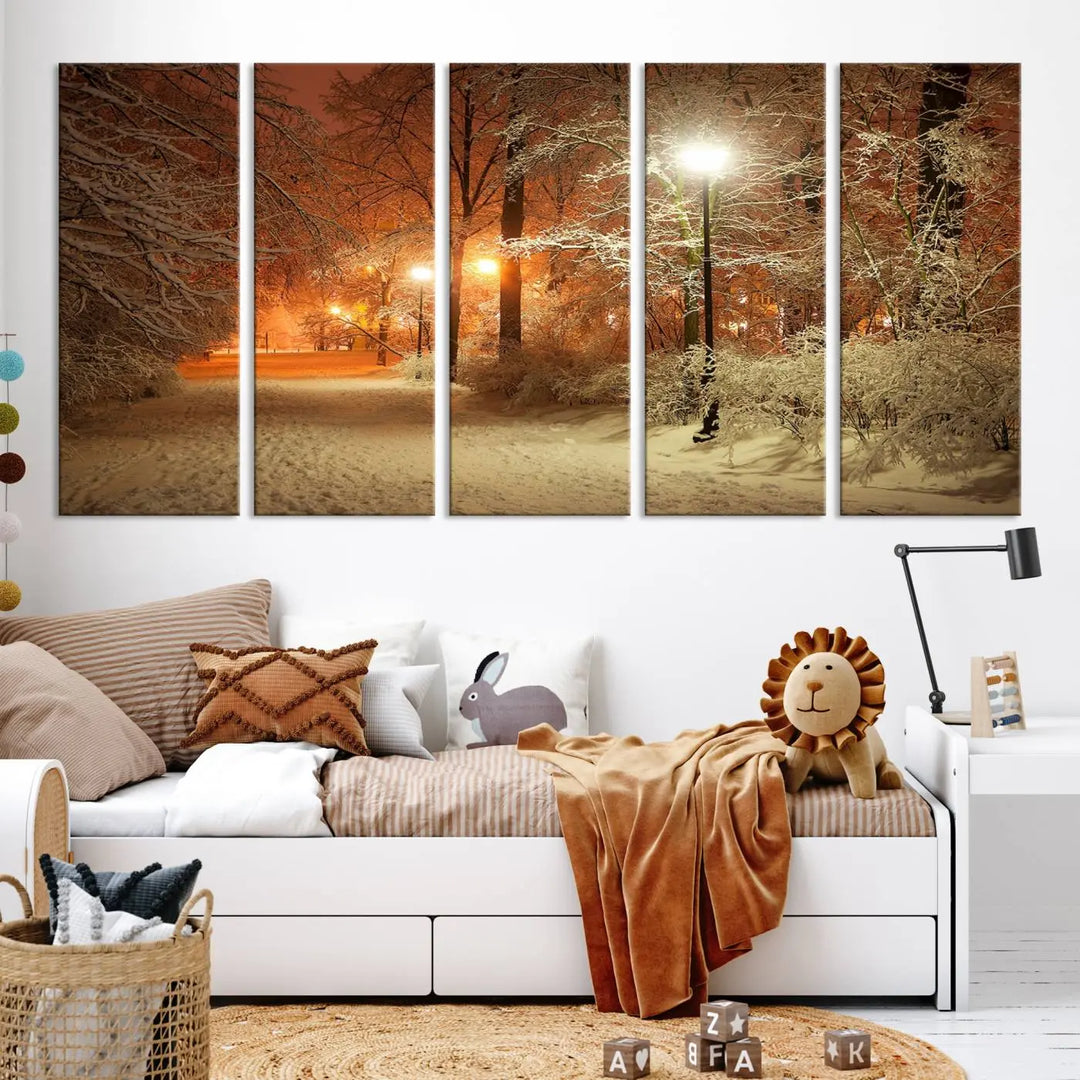 The "Winter and Park" wall art canvas print, showcasing a snowy path illuminated by glowing streetlights, adds museum-quality sophistication to the room.