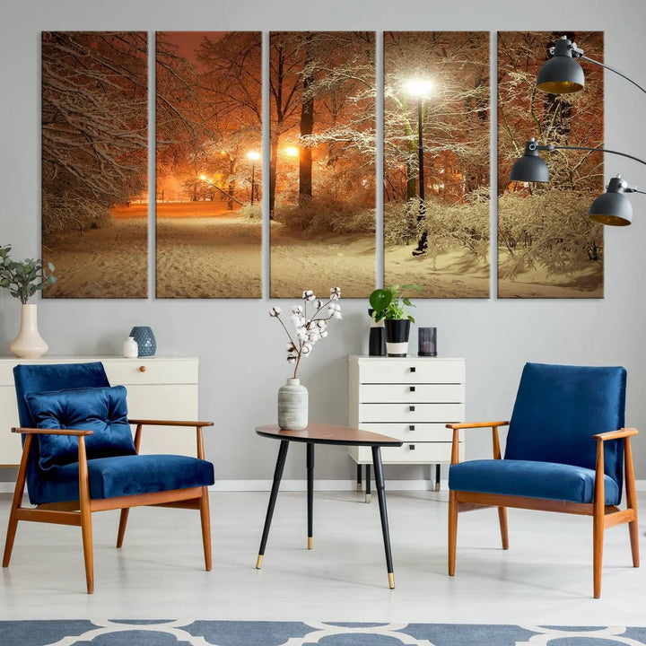 The "Winter and Park" wall art canvas print, showcasing a snowy path illuminated by glowing streetlights, adds museum-quality sophistication to the room.