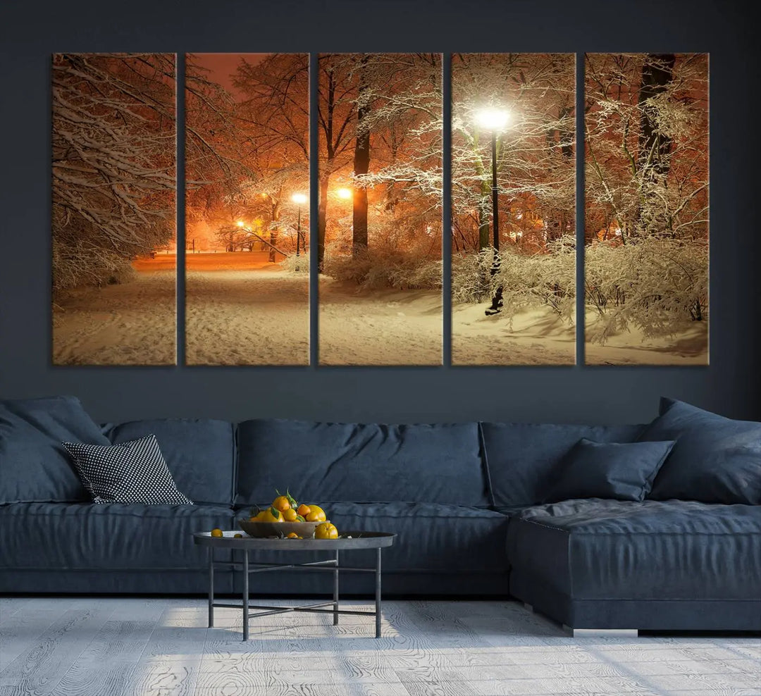 The "Winter and Park" wall art canvas print, showcasing a snowy path illuminated by glowing streetlights, adds museum-quality sophistication to the room.