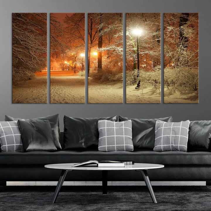 The "Winter and Park" wall art canvas print, showcasing a snowy path illuminated by glowing streetlights, adds museum-quality sophistication to the room.