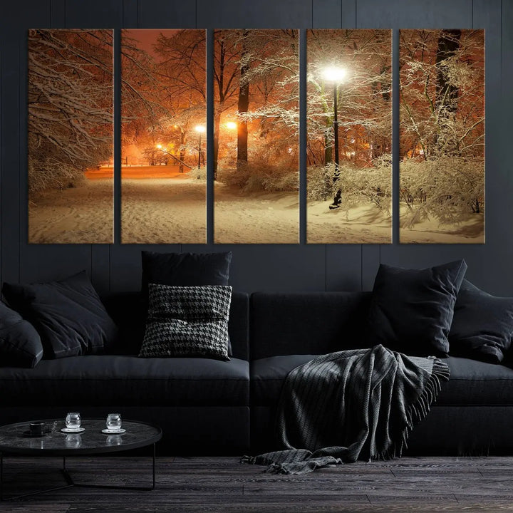 The "Winter and Park" wall art canvas print, showcasing a snowy path illuminated by glowing streetlights, adds museum-quality sophistication to the room.