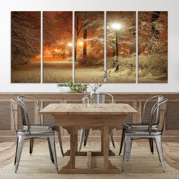 The "Winter and Park" wall art canvas print, showcasing a snowy path illuminated by glowing streetlights, adds museum-quality sophistication to the room.