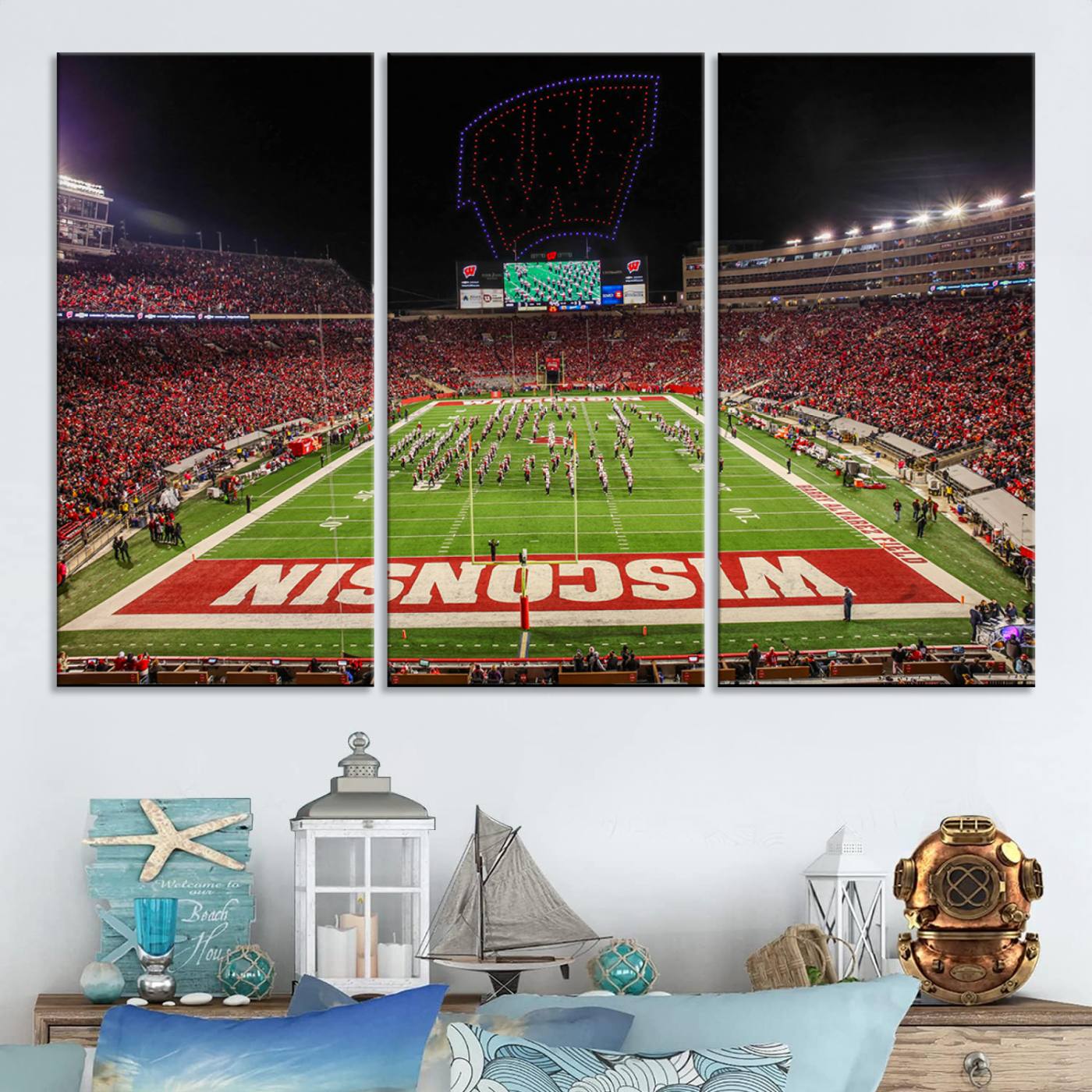 34125-MGV-CV-48X32-3P-Wisconsin Badgers Football Team Print Canvas- Madison Camp Randall Stadium Wall Art Canvas Print