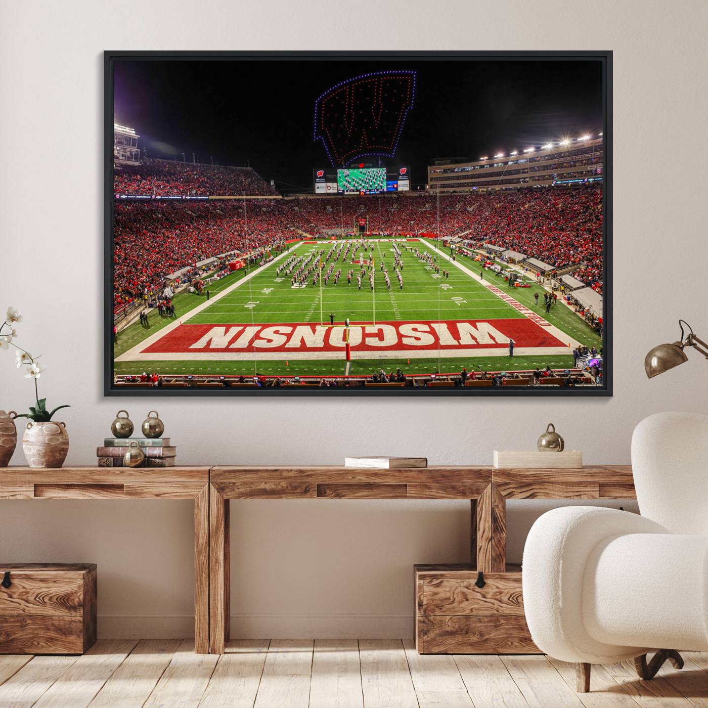 34125-MGV-FC-36X24_Black-Wisconsin Badgers Football Team Print Canvas- Madison Camp Randall Stadium Wall Art Canvas Print