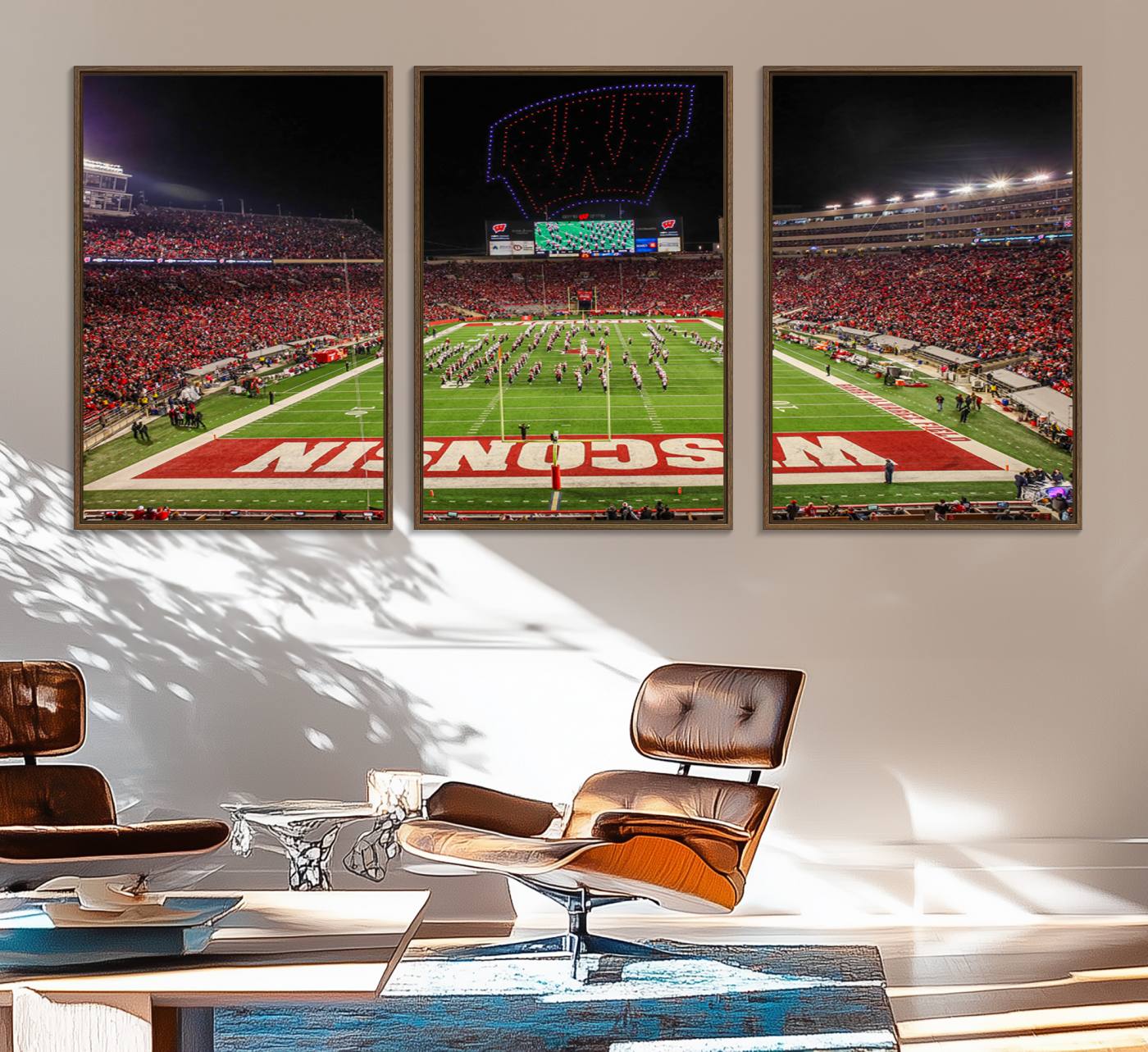 34125-MGV-FC-60X30-3P_Walnut-Wisconsin Badgers Football Team Print Canvas- Madison Camp Randall Stadium Wall Art Canvas Print