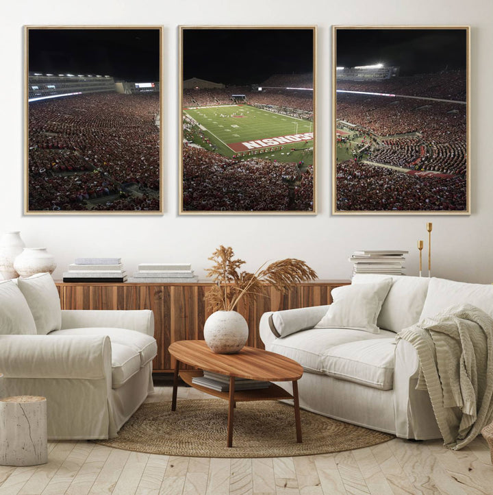42403-MGV-FC-60X30-3P_Natural-Wisconsin Badgers Football Team Print - Madison Camp Randall Stadium Wall Art Canvas Print
