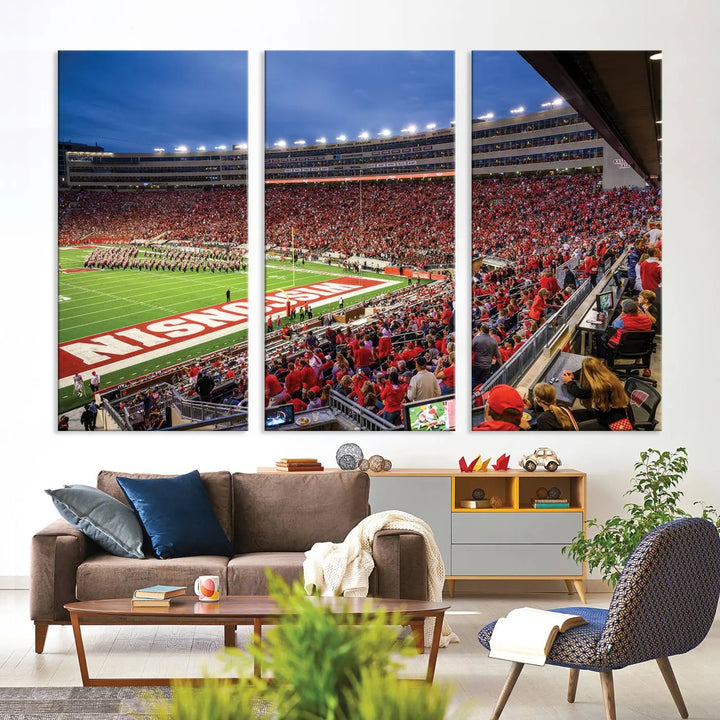 The "Wisconsin Badgers Football Team Print - Madison Camp Randall Stadium Wall Art Canvas Print" is prominently displayed.