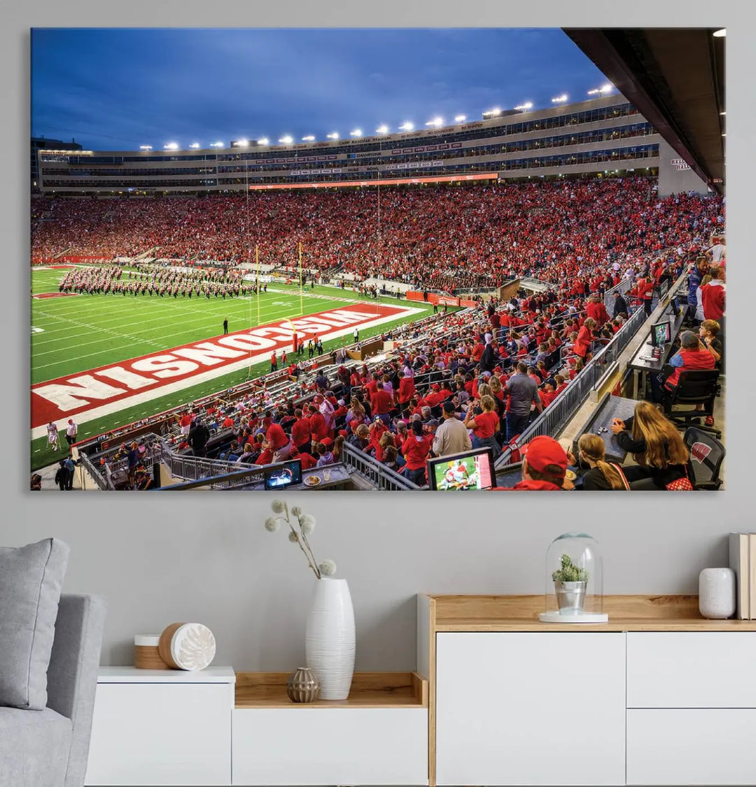 The "Wisconsin Badgers Football Team Print - Madison Camp Randall Stadium Wall Art Canvas Print" is prominently displayed.