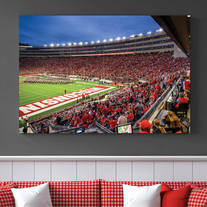 The "Wisconsin Badgers Football Team Print - Madison Camp Randall Stadium Wall Art Canvas Print" is prominently displayed.