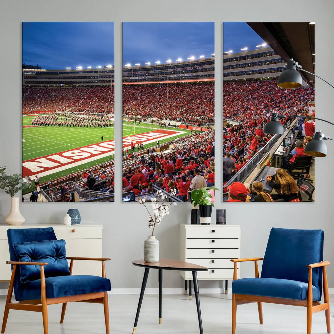 The "Wisconsin Badgers Football Team Print - Madison Camp Randall Stadium Wall Art Canvas Print" is prominently displayed.