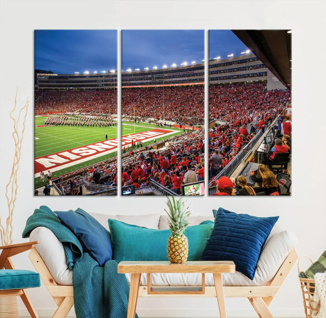 The "Wisconsin Badgers Football Team Print - Madison Camp Randall Stadium Wall Art Canvas Print" is prominently displayed.