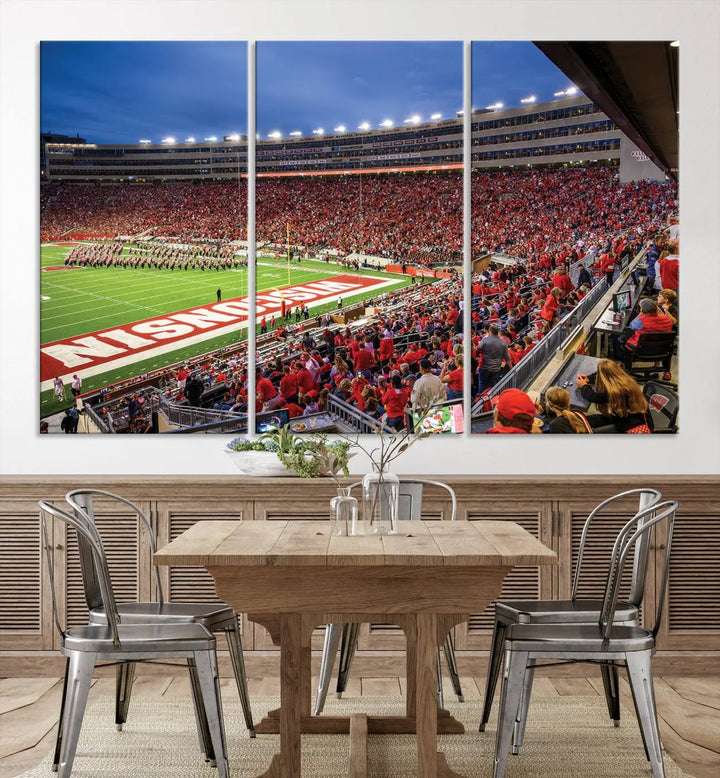 The "Wisconsin Badgers Football Team Print - Madison Camp Randall Stadium Wall Art Canvas Print" is prominently displayed.