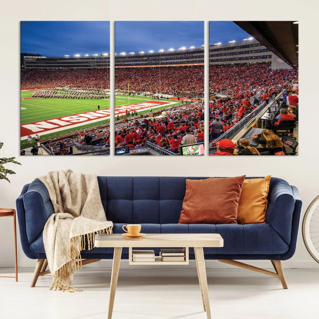 The "Wisconsin Badgers Football Team Print - Madison Camp Randall Stadium Wall Art Canvas Print" is prominently displayed.