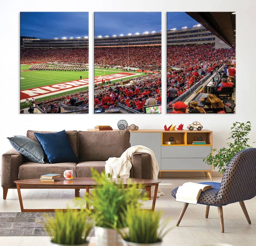 The "Wisconsin Badgers Football Team Print - Madison Camp Randall Stadium Wall Art Canvas Print" is prominently displayed.