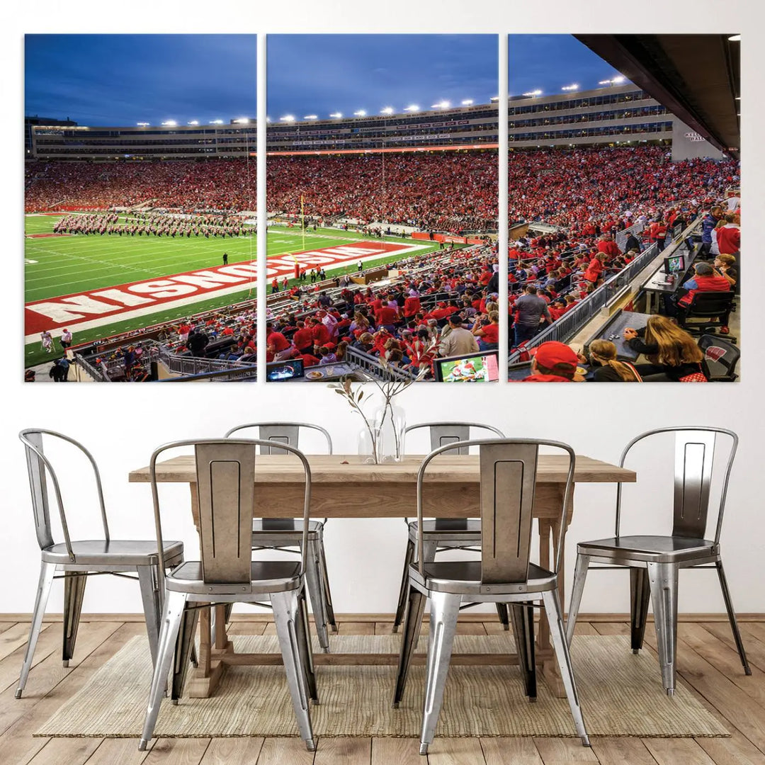 The "Wisconsin Badgers Football Team Print - Madison Camp Randall Stadium Wall Art Canvas Print" is prominently displayed.