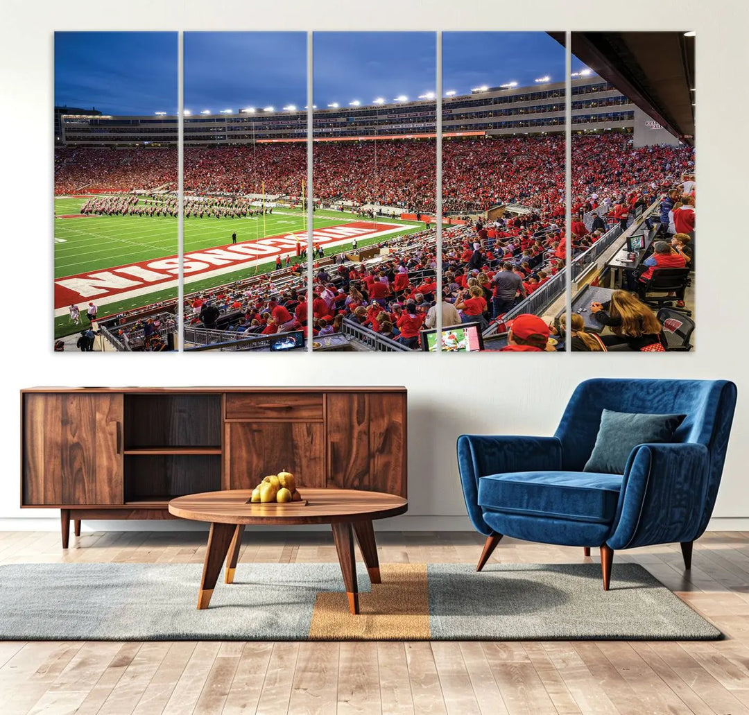 The "Wisconsin Badgers Football Team Print - Madison Camp Randall Stadium Wall Art Canvas Print" is prominently displayed.