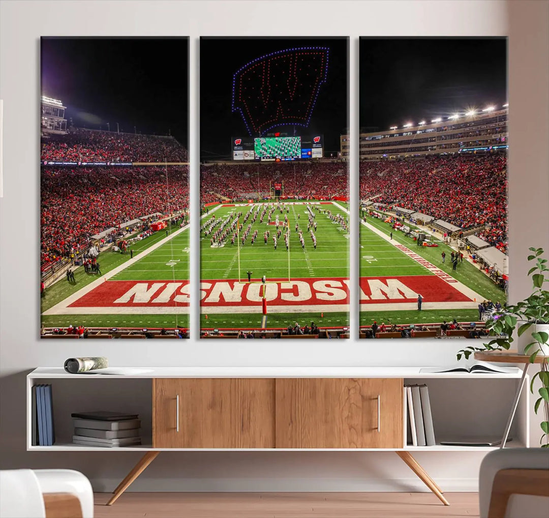 Experience the vibrant energy of a Wisconsin football game with this stunning wall art titled "Wisconsin Badgers Football Team Print - Madison Camp Randall Stadium Wall Art Canvas Print." Capturing a panoramic view of the game, it showcases the marching band on the field and stands filled to capacity. The gallery-quality finish breathes life into any space, providing dynamic canvas artwork perfect for enhancing your decor.