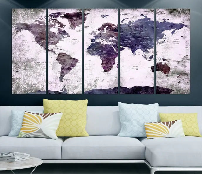 The World Map Grunge Canvas Print Wall Art, presented in five panels with a striking purple and white design, features museum-quality canvases with a gallery-wrapped finish. This treatment enhances their aesthetic appeal and ensures long-lasting durability.