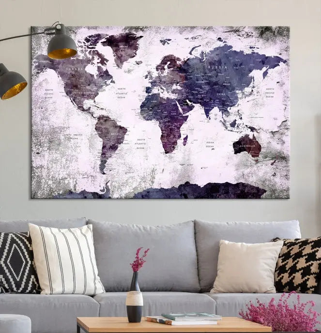 The World Map Grunge Canvas Print Wall Art, presented in five panels with a striking purple and white design, features museum-quality canvases with a gallery-wrapped finish. This treatment enhances their aesthetic appeal and ensures long-lasting durability.