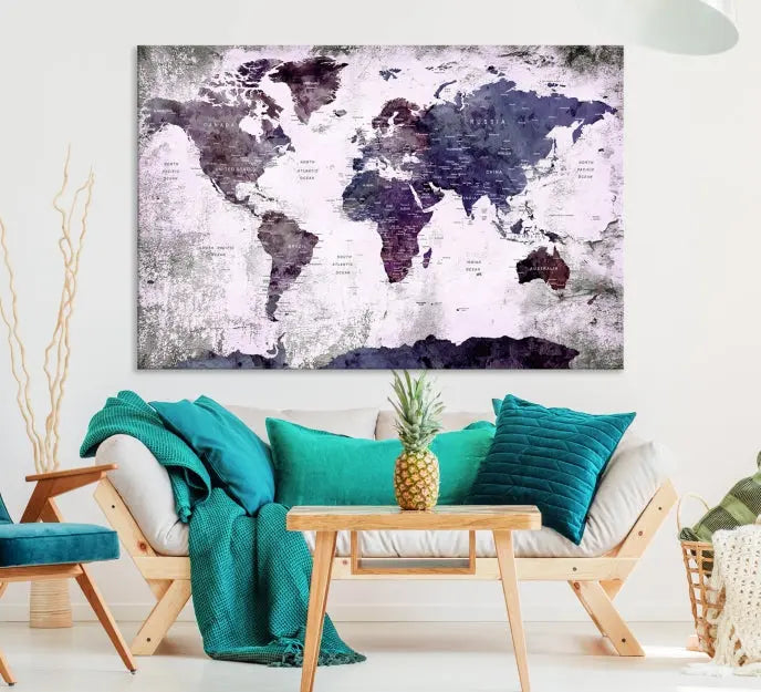 The World Map Grunge Canvas Print Wall Art, presented in five panels with a striking purple and white design, features museum-quality canvases with a gallery-wrapped finish. This treatment enhances their aesthetic appeal and ensures long-lasting durability.