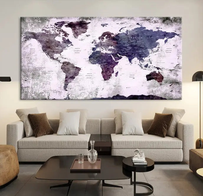 The World Map Grunge Canvas Print Wall Art, presented in five panels with a striking purple and white design, features museum-quality canvases with a gallery-wrapped finish. This treatment enhances their aesthetic appeal and ensures long-lasting durability.