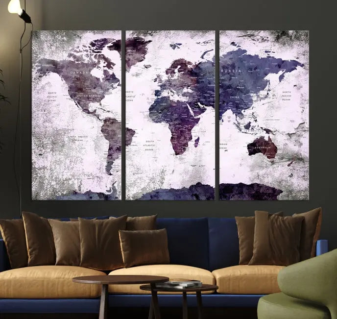 The World Map Grunge Canvas Print Wall Art, presented in five panels with a striking purple and white design, features museum-quality canvases with a gallery-wrapped finish. This treatment enhances their aesthetic appeal and ensures long-lasting durability.