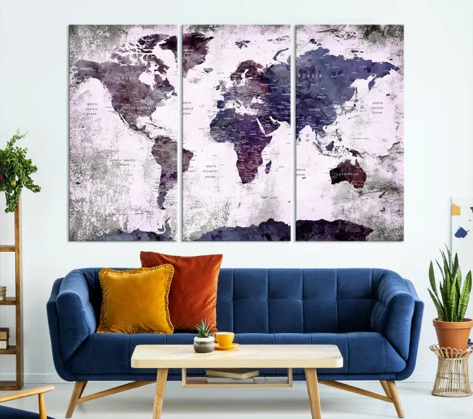 The World Map Grunge Canvas Print Wall Art, presented in five panels with a striking purple and white design, features museum-quality canvases with a gallery-wrapped finish. This treatment enhances their aesthetic appeal and ensures long-lasting durability.