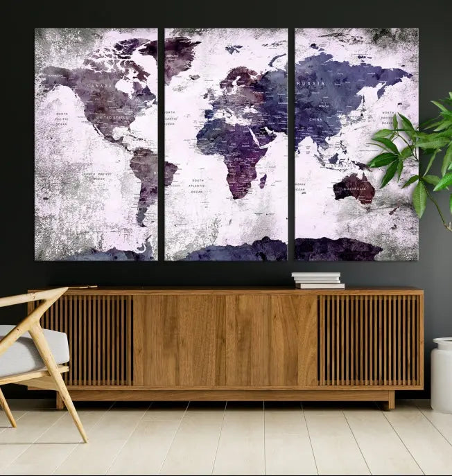 The World Map Grunge Canvas Print Wall Art, presented in five panels with a striking purple and white design, features museum-quality canvases with a gallery-wrapped finish. This treatment enhances their aesthetic appeal and ensures long-lasting durability.