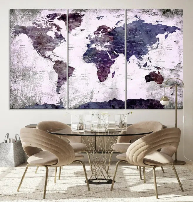 The World Map Grunge Canvas Print Wall Art, presented in five panels with a striking purple and white design, features museum-quality canvases with a gallery-wrapped finish. This treatment enhances their aesthetic appeal and ensures long-lasting durability.