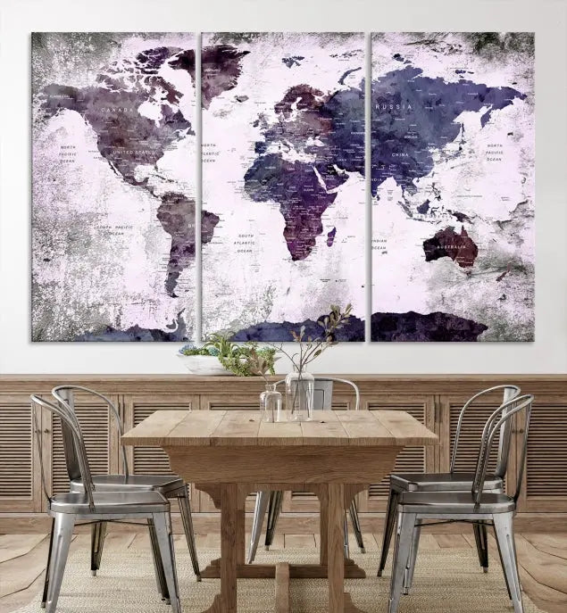 The World Map Grunge Canvas Print Wall Art, presented in five panels with a striking purple and white design, features museum-quality canvases with a gallery-wrapped finish. This treatment enhances their aesthetic appeal and ensures long-lasting durability.