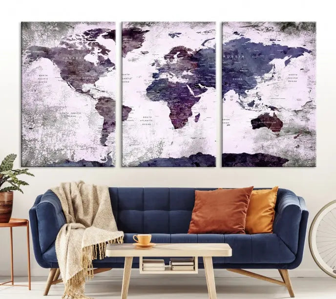 The World Map Grunge Canvas Print Wall Art, presented in five panels with a striking purple and white design, features museum-quality canvases with a gallery-wrapped finish. This treatment enhances their aesthetic appeal and ensures long-lasting durability.