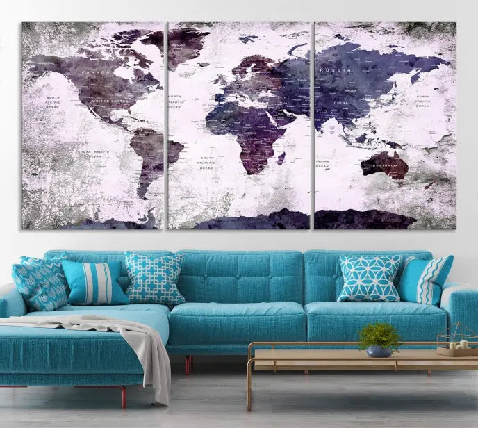 The World Map Grunge Canvas Print Wall Art, presented in five panels with a striking purple and white design, features museum-quality canvases with a gallery-wrapped finish. This treatment enhances their aesthetic appeal and ensures long-lasting durability.