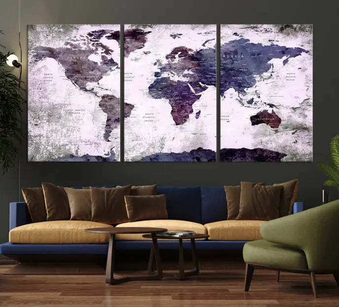 The World Map Grunge Canvas Print Wall Art, presented in five panels with a striking purple and white design, features museum-quality canvases with a gallery-wrapped finish. This treatment enhances their aesthetic appeal and ensures long-lasting durability.