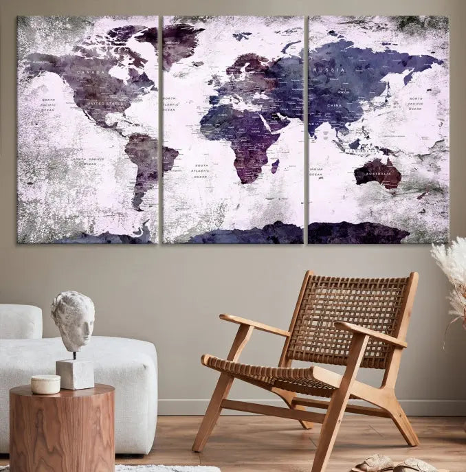 The World Map Grunge Canvas Print Wall Art, presented in five panels with a striking purple and white design, features museum-quality canvases with a gallery-wrapped finish. This treatment enhances their aesthetic appeal and ensures long-lasting durability.