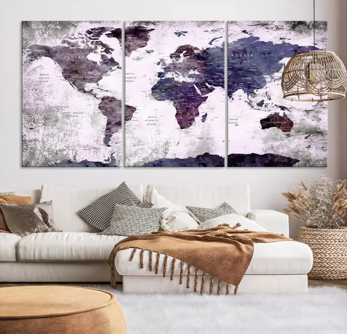 The World Map Grunge Canvas Print Wall Art, presented in five panels with a striking purple and white design, features museum-quality canvases with a gallery-wrapped finish. This treatment enhances their aesthetic appeal and ensures long-lasting durability.